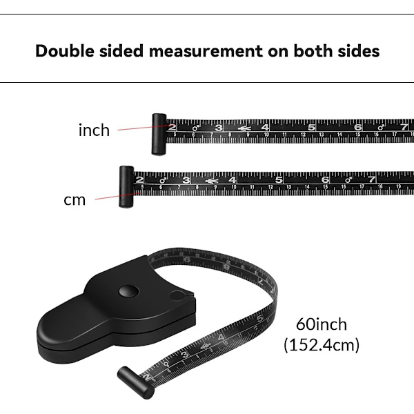 Mätband för Kroppen, Retraktil | Mäter 150 cm (60 tum) med Knapp för In- och Utrullning samt Låsfunktion | Bärbar Design (Svart)