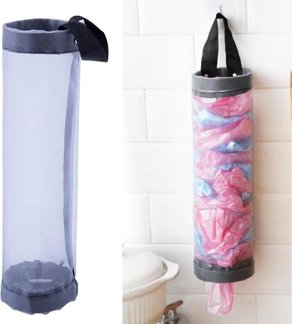 Väggmonterad plastpåshållare, nylonpåsdispenser, platsbesparande, multifunktionell användning (grå)