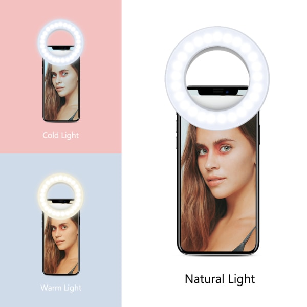 Selfie-lys til telefon, ringelys til telefon [genopladeligt] med 3 farver og 40 lysdioder, dæmpbart telefon-selfie-ringlys