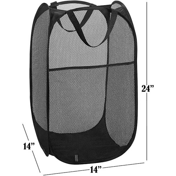 Sterk Mesh Pop-up Vaskeri Kurv med Sidelomme for Vaskerom, Bad, Barnerom, Studentbolig eller Reise (2 x Svart, 36x36x60cm)