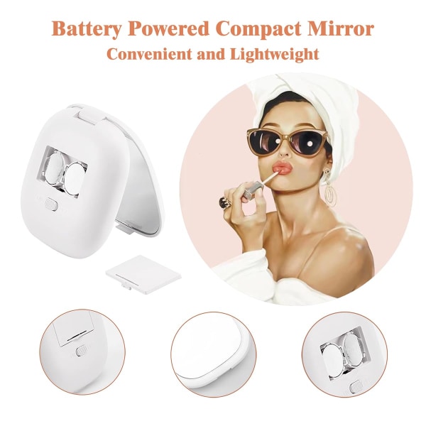 Kompakt spegel, belyst sminkspegel med 1X/5X förstoring, resevänlig, bärbar belyst kompakt spegel för handväska White