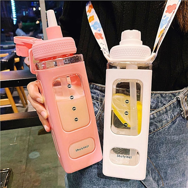 700 ml bærbare flasker for søte, herlige turer, te, juice, melk, for drikke, med sugerørsklistremerker Pink