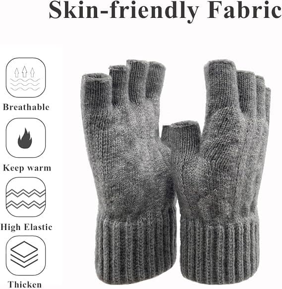 Vinter-halvfingerhandsker, fingerløse strikhandsker, varme og elastiske handsker til mænd og kvinder Light gray