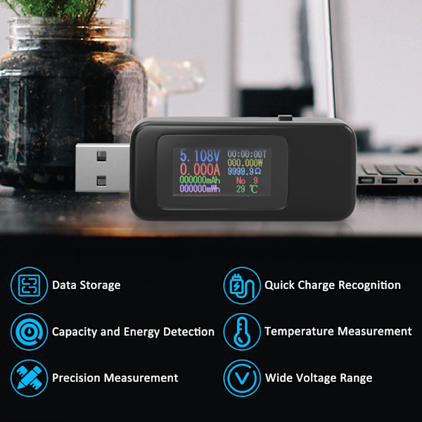USB Voltmeter, USB Multimeter, Spänningstestare, Strömtestare, USB Effektmätare, Färgskärm, Voltmeter, Amperemeter, Spänning och Ström 0-5.1A, 4-30V