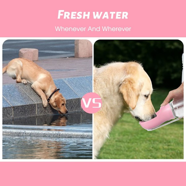 Vattenflaska för hund, läcksäker bärbar valpvattenbehållare med dricksmatare för husdjur utomhuspromenader, vandring, resor (19oz rosa