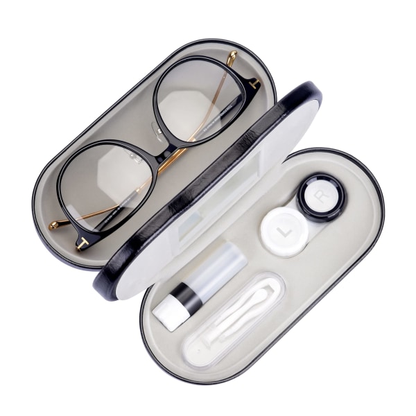 2 i 1 dobbeltsidig bærbar kontaktlinseetui og brilleetui, design med dobbel bruk med innebygd speil, pinsett og flaske med kontaktlinseløsning (svart)
