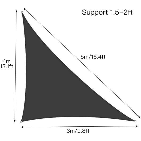 3x4x5m Retvinklet Skygge Sejl med 3 Reb, til Have, Terrasse, Fest, Gård, Camping (Sort) Black
