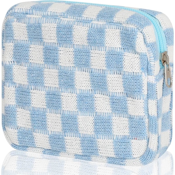 Sanitary Napkin Storage Bag, Menstrual Pad Zipper Bag Checkered Portable Period Bag Panty Liners, Tampon Storage Pouch-Blue