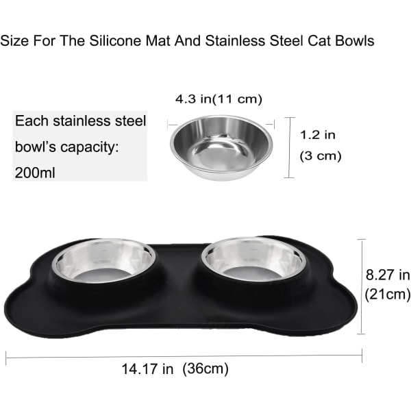 Kattskål Valpskål Halkfri dubbelskål i rostfritt stål med silikonmattor som inte spills av för katter Valpar Mat Vattenmatning (36*21*3,4 cm, svart) Black