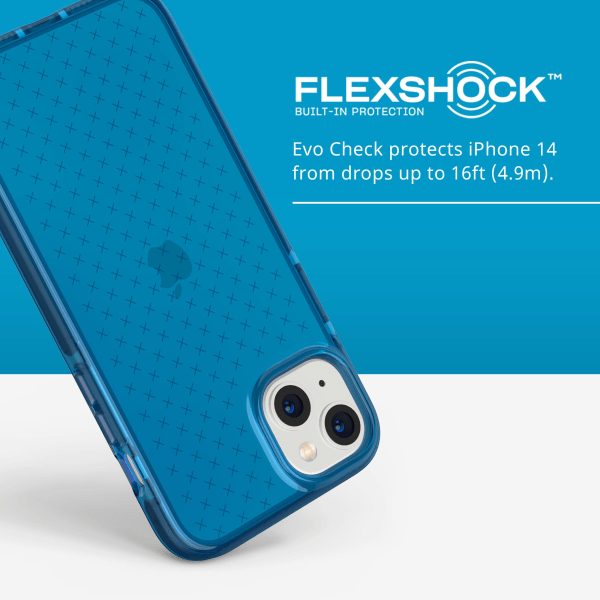 iPhone 14 Plus Evo Check – Stötdämpande och smalt skyddande phone case med 16 fot FlexShock Multi-Drop Protection Extra knappar Klassisk blå iPhone14 plus