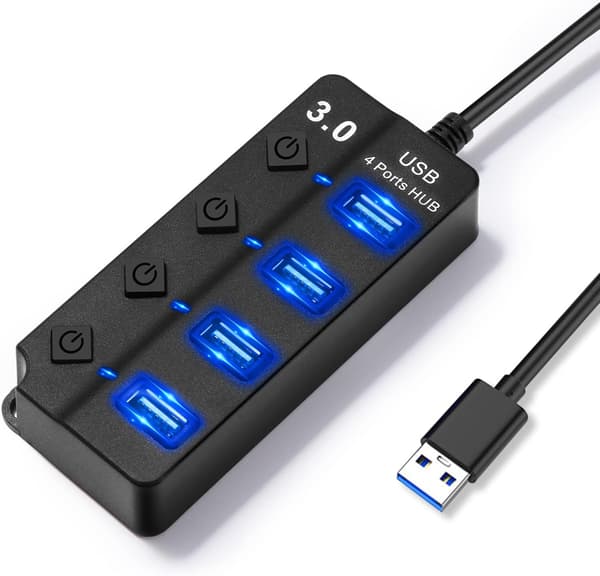 USB Hub 3.0, 4 i 1 USB-strømstik med LED-lys, flere USB-porte til dataoverførsel og opladning