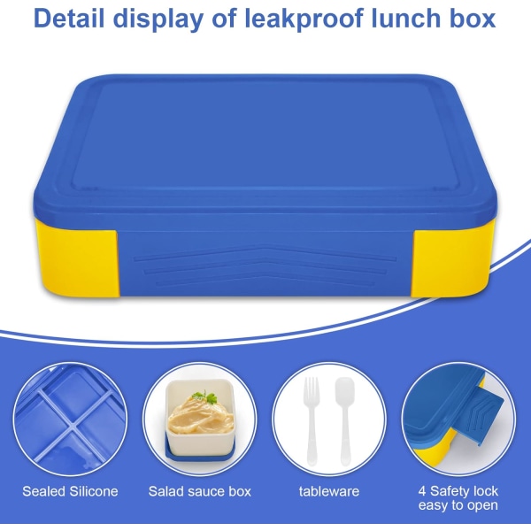 Lunchbox , Bento Box Lunchbox med 5 fack och 1 salladsdressingbehållare, Snackbox för barn och vuxna Arbetsskola (blå-gul) Blue yellow