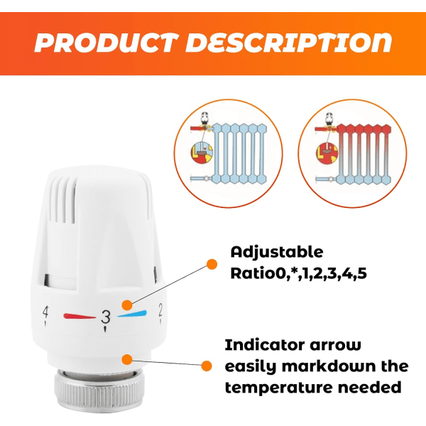 Termostaattinen pää, 4 kpl termostaattia, vakiotermostaattiventtiilin vaihtoventtiili M30 x 1,5 lämpötilan säätö, valkoinen