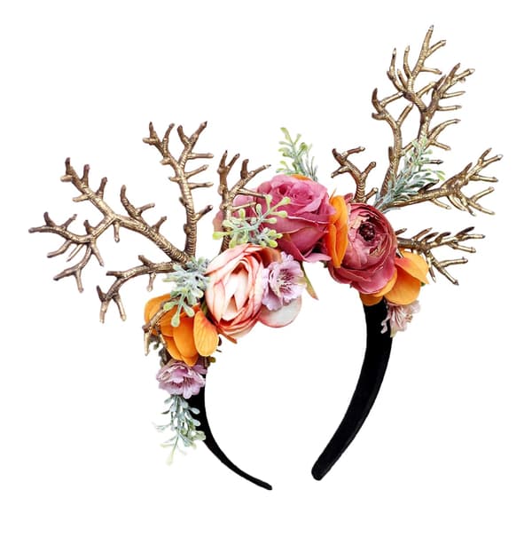 Hodebånd med hjortegevir og blomster, blomsterhodeband for cosplay-kostymefest
