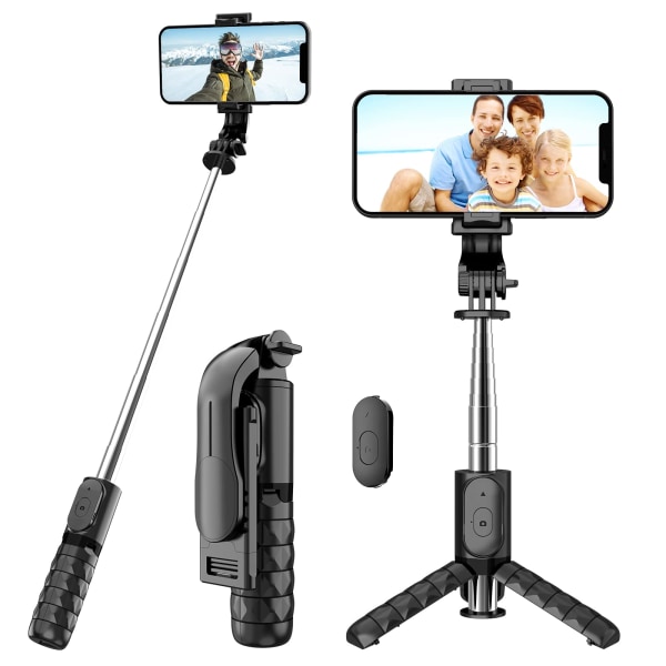 Stick Tripod til iPhone, Mini-udtrækkelig bærbar bluetooth selfie stick med aftagelig trådløs fjernbetjening, fleksibel selfie stick