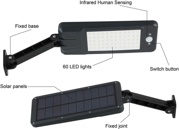 60 LED 6W Solcelle IP65 Vanntett Utendørslys Svart, Justerbart Stativ og Fjernkontroll, 3 Moduser 180° Bevegelsessensorlys