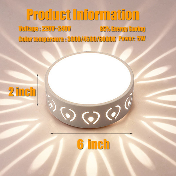 Loftlampe til entre, 6W mini rund LED-loftslampe dæmpbar lavet af jern og akryl i hvid, moderne kreativ loftsbelysning hul Ø15CM