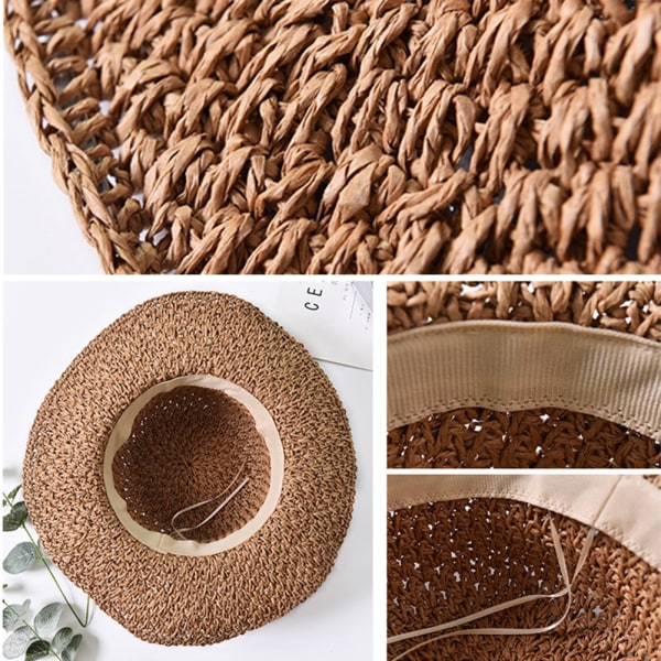 Womens Sun Straw Hat Ladies Foldable Straw Hat Wide Brim Sun Hat Bowknot Adjustable Beach Cap Elegant Bucket Hat Protection Hat  Khaki