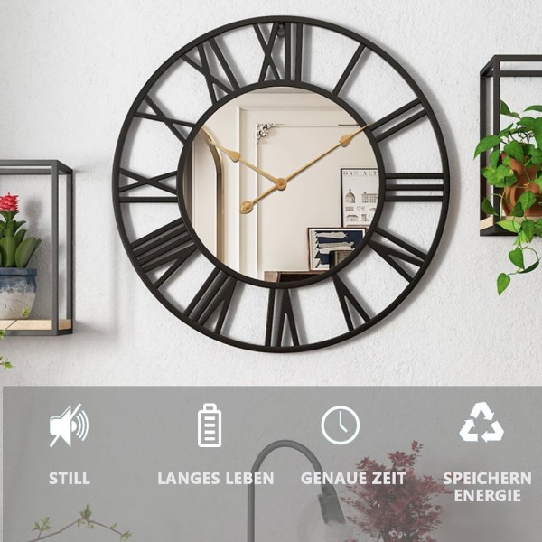 Stor vægur stue dekoration vintage spejl ur med romertal lydløs ikke-tikende ur til stue dekoration køkken soveværelse black 40cm