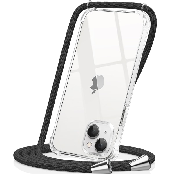 Crossbody-deksel for iPhone13, Halskjede Mobiltelefondeksel med ledningsstropp Klart, mykt iPhone 14-dekselholder-svart