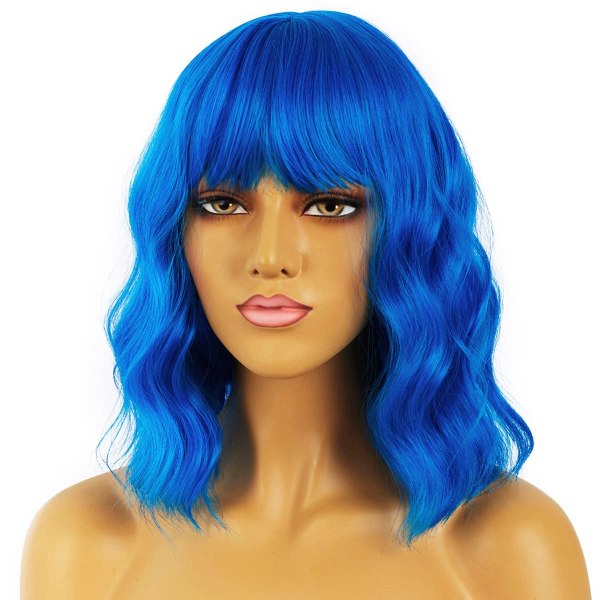 Vågig peruk med lugg Korta peruker för kvinnor Lockiga vågiga Bob Syntetisk cosplayperuk för flickor Daglig användning Färgglada peruker (blå)