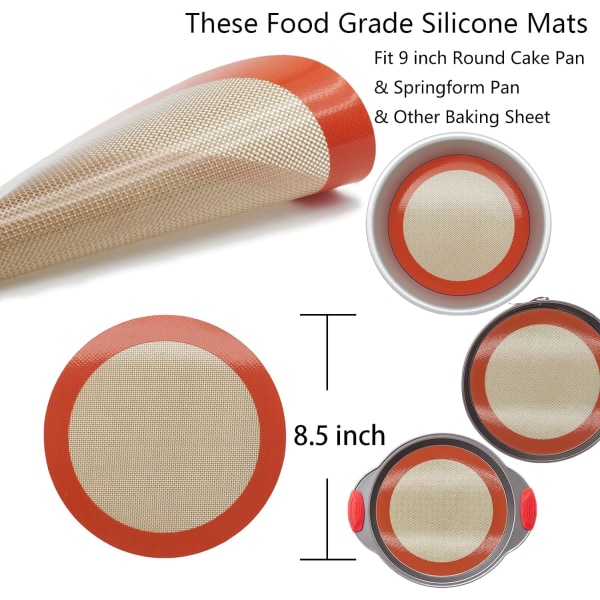 Bakematter av silikon, 2 STK runde for 9-tommers kakeform, gjenbrukbare kakeark som ikke fester seg, for bakeformer for kake/brød/pizza/bakverk
