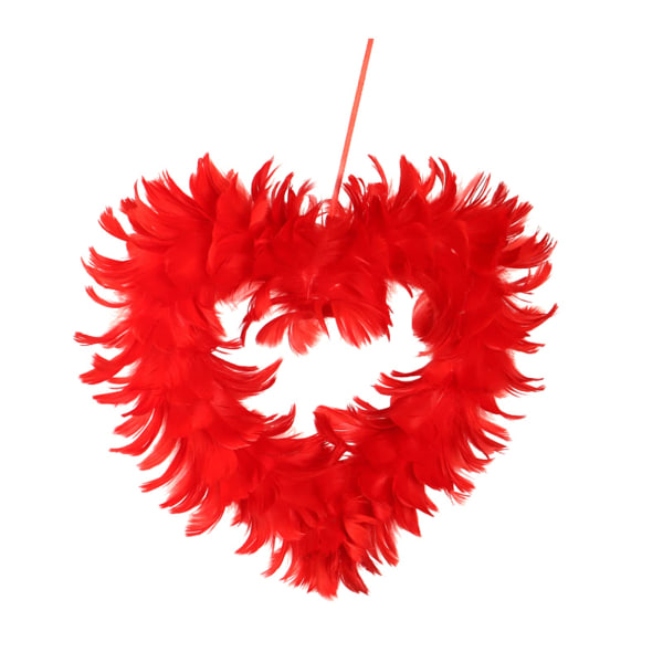 Hjerteformet valentinsdag dekorasjoner, rød fjær dekorativ krans, valentinsdag krans dekorasjon Rød hjerteformet krans (rød)