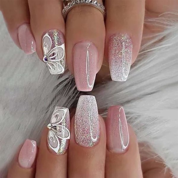 24 stk. korte kisteformede påklæbelige negle med glitter i pink - tryk på negle med blomster - falske negle, der kan fjernes - lim-på negle - kunstige negle - fuld dækning negle (glitter pink)