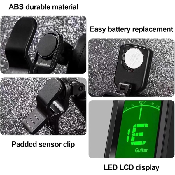 Gitarrstämmare Clip On - Digital Elektrisk Stämmare med LCD-skärm, Elektronisk Stämmare för Akustisk Gitarr, Elgitarr, Bas, Ukulele och mer