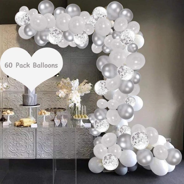 60 stk. ballonger sett, 12 tommer gullballonger metalliske lateksballonger konfettiballonger heliumballonger til festdekorasjon Silver