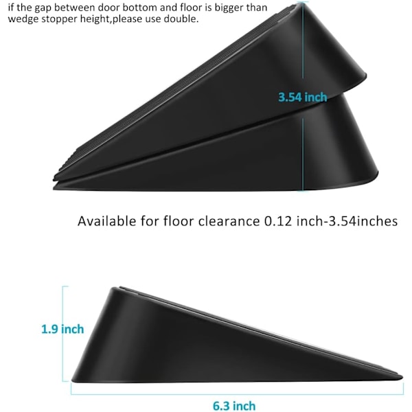 Stor dørstopper 2 pakker Heavy Duty Wedge Gummidørstopper Fungerer på alle gulvflater Høyde opptil 1,9 tommer Ikke-ripende dørstoppere(Svart)