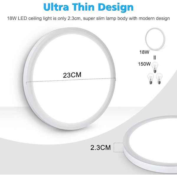 18W LED Taklampe, 2000LM Dagslys Hvit 5000K Rund Taklampe Ø 23cm Hvit, Vanntett IP44, Flush Taklampe for Stue, Soverom