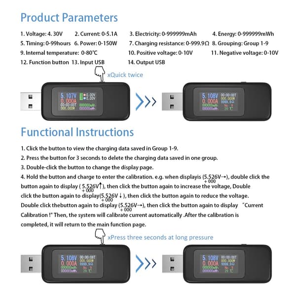 USB Voltmeter, USB Multimeter, Spændingstester, Strømtester, USB Strømmåler, Farveskærm, Voltmeter, Amperemeter, Spænding og Strøm 0-5.1A, 4-30V