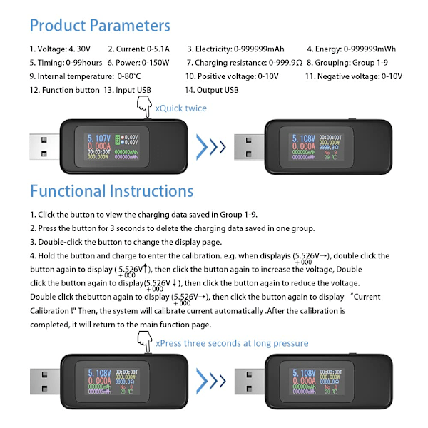 USB Voltmeter, USB Multimeter, Spänningstestare, Strömtestare, USB Effektmätare, Färgskärm, Voltmeter, Amperemeter, Spänning och Ström 0-5.1A, 4-30V