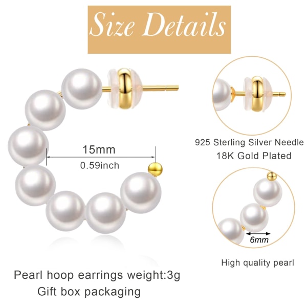 Pearl Hoop øreringe til kvinder Små perlehoop øreringe Hypoallergene dråbeøreringe, 925 sølv Letvægts åben stor cirkel rund perle, 15 mm 15 mm