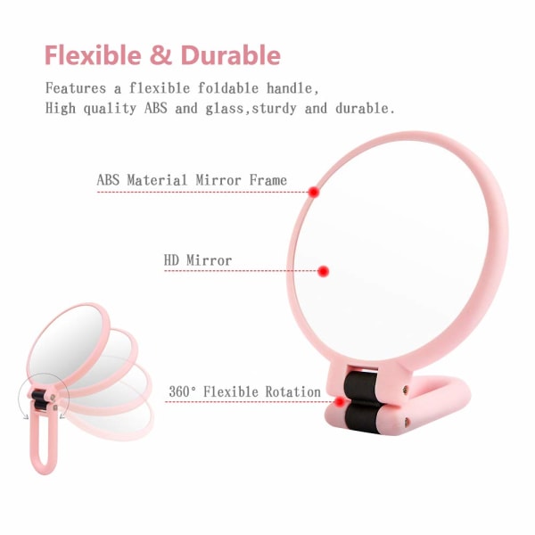 Makeup-spejl dobbeltsidet 5X/1X forstørrelsesglas, håndholdt spejl med foldehåndtag, kompakt kosmetisk makeup-spejl (pink) Pink