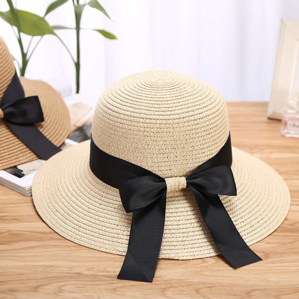 Kvinners sommer stråhatt solhatt UV-beskyttelse strandcaps foldbar visir floppy hatt bred brem med stropp sløyfe yellow