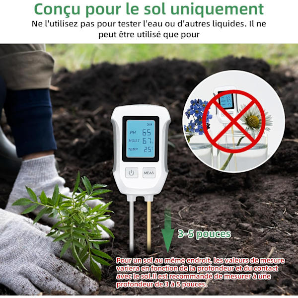 3 i 1 Jord pH-tester, Syre-Base Jordtestdetektor, Temperatur- og fugtighedsmåler med baggrundsbelyst LCD-display Kompatibel med havearbejde/potteplanter/landbrug