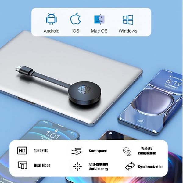 2,4 GHz trådløs HDMI-adapter, 1080P WiFi-skærmmodtager, understøtter Miracast, Airplay, DLNA til Android, iOS, Windows, Mac, streaming, TV, skærm