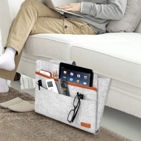 Sängorganisatör, filt sängväska, halkfri sängbordsväska, soffbädd hängande förvaring för böcker, tidningar, iPad, mobiltelefon, fjärrkontroll Light Gray