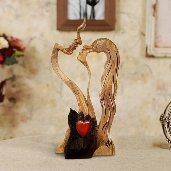 Trästaty par älskar evig trädekoration prydnadsföremål Kreativ konstdekoration, manlig och kvinnlig kyssande trästaty