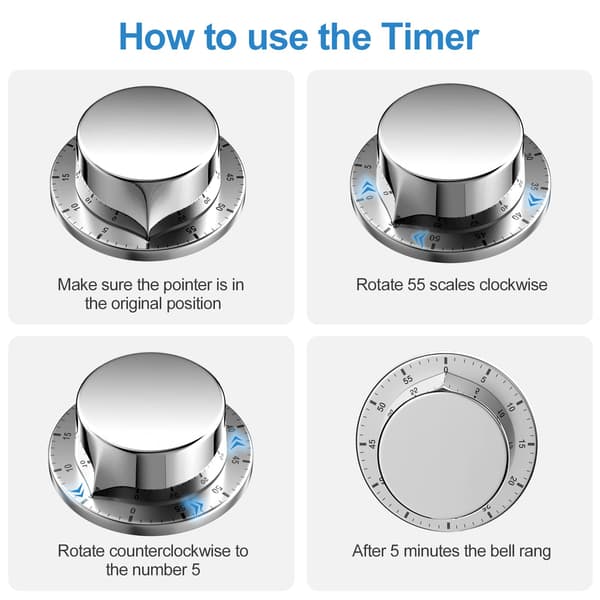 Mekanisk køkkentimer, adsorberbar magnetisk timer, genanvendelig vandtæt rustfrit stål timer, dyre nedtællingstimer til madlavning, bagning