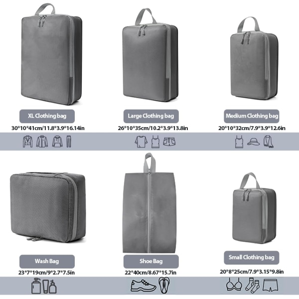 Resväska Organizer Kompressionsförpackningspåsar - 6-delade förpackningskuber Kompressionsresväska Organizer , Set Organizer grey