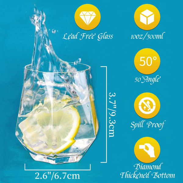 Diamond Whiskey Glass Sett med 4 skråstilte Scotch Glass 300ml Whisky Glass Modern Look Glassvarer for Bourbon/Rum/Bar Tumbler