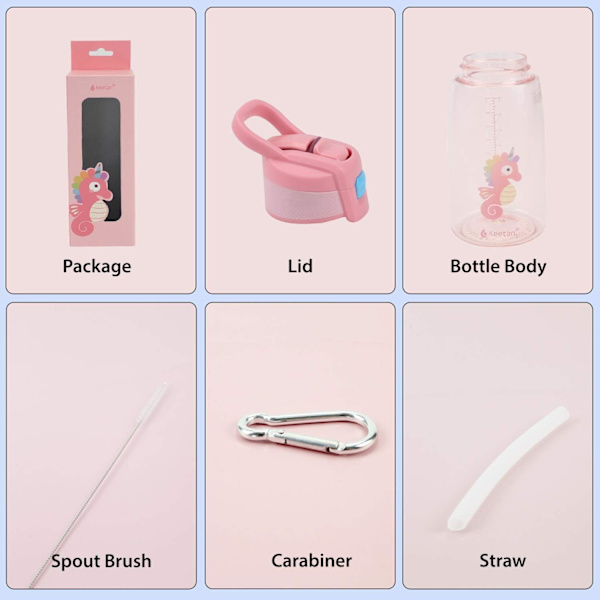 Barnens vattenflaska med sugrör, återanvändbar dricksflaska för skolan, BPA-fri, läcksäker, 480 ml, rosa, sjöhäst Pink
