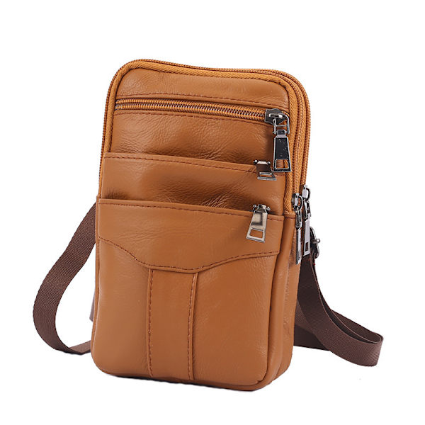 Fashion Herr Solid Färg Läder Utomhus Sport Midjeväska Telefonväska Axelväska Handväska Crossbody Väska Löpband Midjepaket med Vattenflaska（19cm） Brown