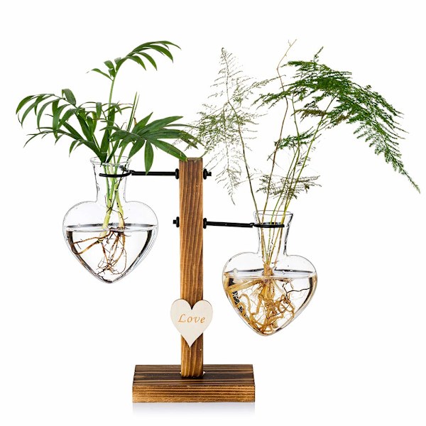 Glasväxtterarium med trästativ, kreativa dubbla hjärtglas hydroponiska vaser, modern växtförökningsstation skrivbordsplanterare glödlampa vas 2pcs