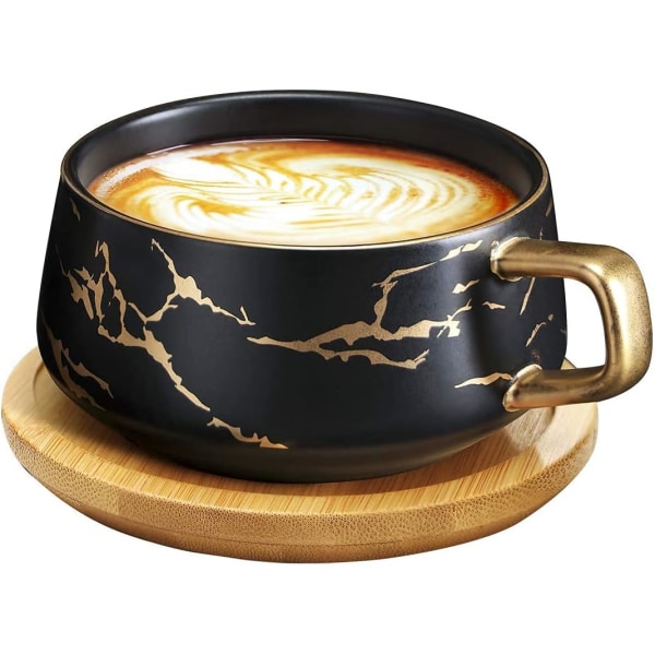 Cappuccino Kopper med Underkopper, 300ml Porcelæn Espresso Kopper til Te Kaffe Cappuccino, Kaffe Kopper med Træskive - Sort Black