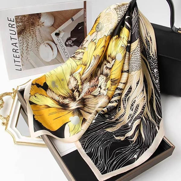 Huvudduk för kvinnor, fyrkantig tryckt näsduk, satin silke scarf yellow