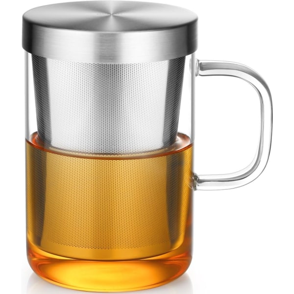 Te-kopp i borosilikatglass med avtagbar te-infuser i rustfritt stål